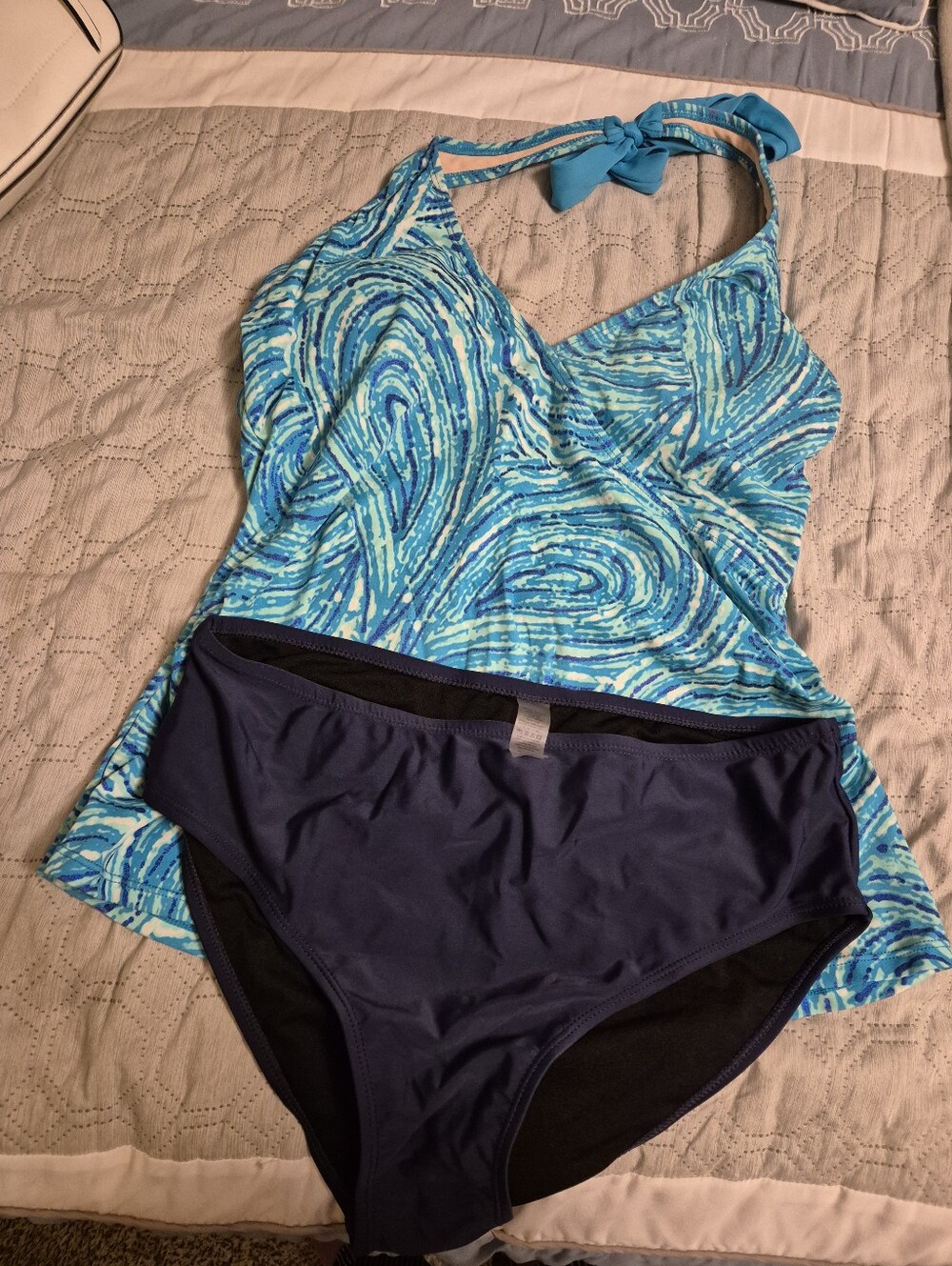 Blue Swirl Tankini Top with Navy Bottoms